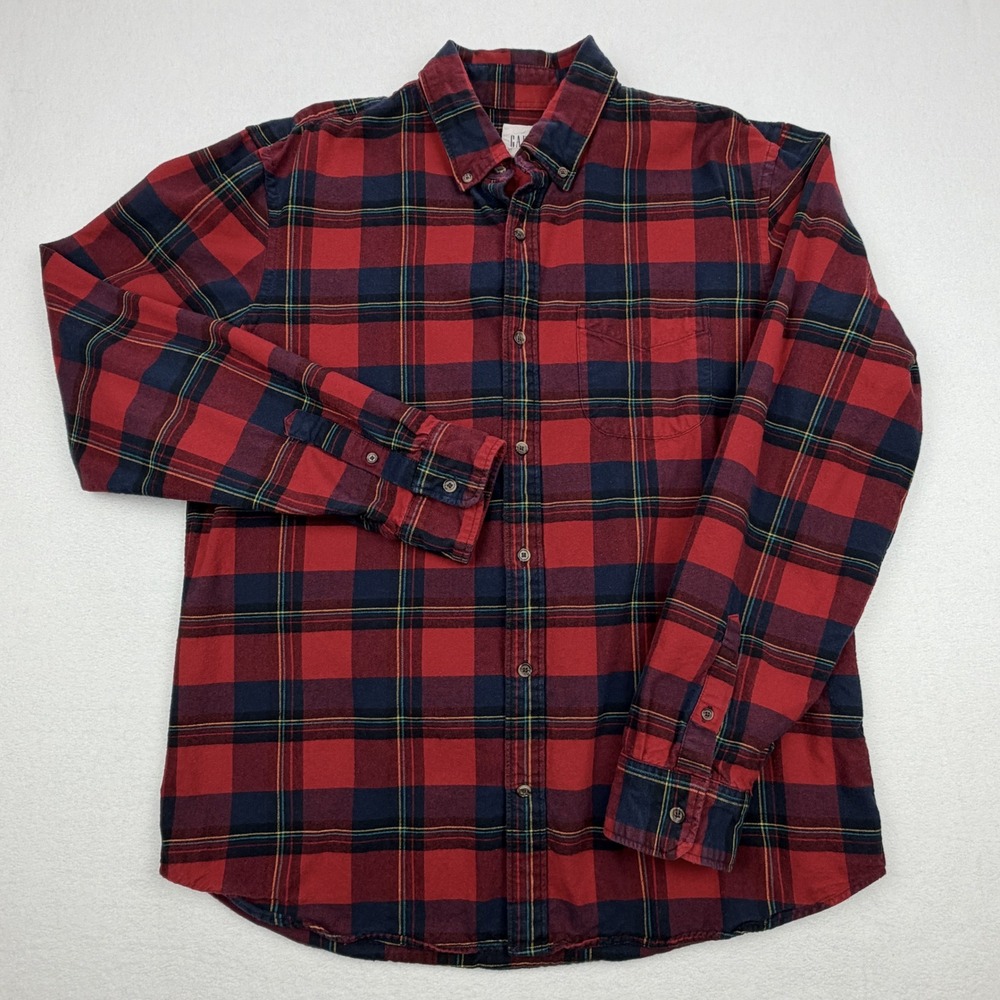 Gap Mens Large Red Navy Blue Plaid Long Sleeve Cotton Flannel Button Down Shirt